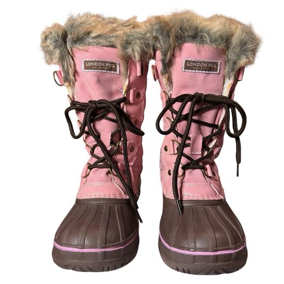 London Fog Girls Fulham Lace Up Snow Duck Boot Brown Pink Faux Fur Size 1 - Picture 6 of 9